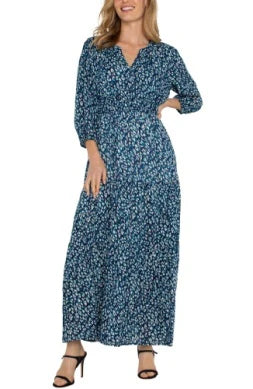Liverpool Blue Topaz 3/4 Sleeve Tiered Woven Maxi Dress