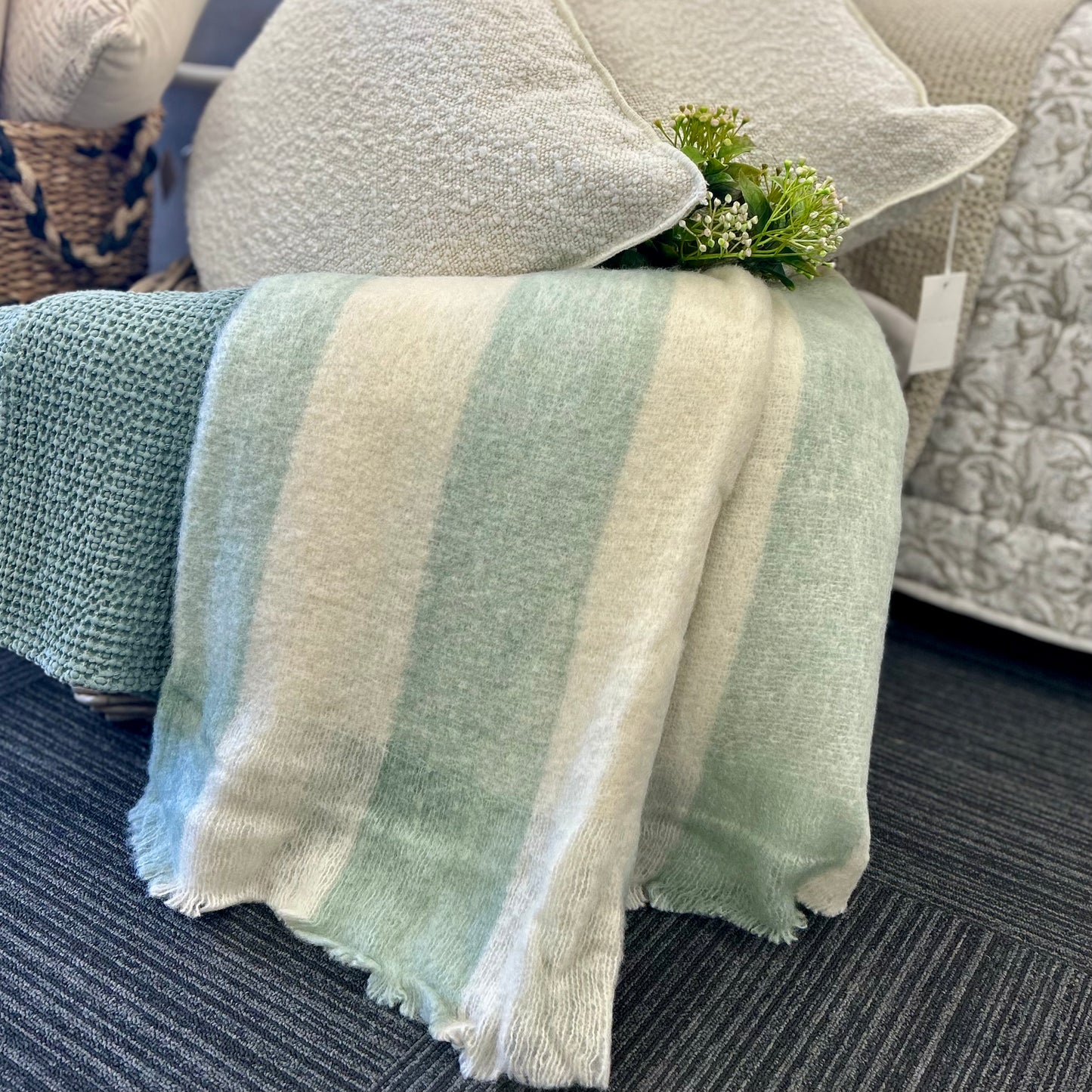 Bliss Wool Mohair Blend Throw - Blue/Cream Stripe