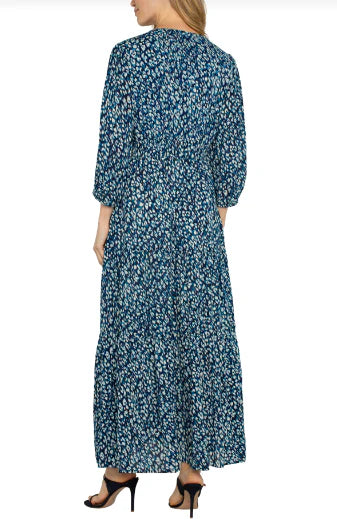 Liverpool Blue Topaz 3/4 Sleeve Tiered Woven Maxi Dress