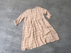 Frederic Italian Linen Baggy Dress in Ocre Grid Pattern - Small