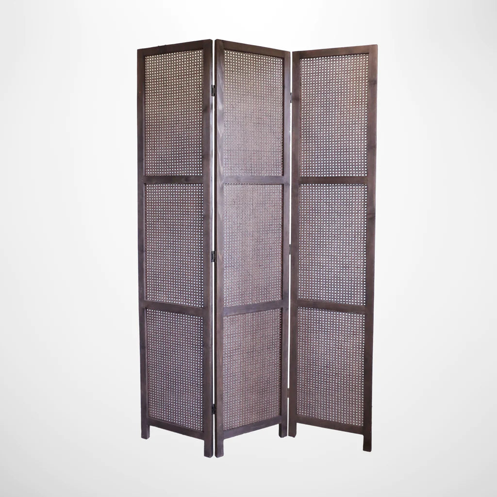 Folding Wooden Screen With Rattan Panels