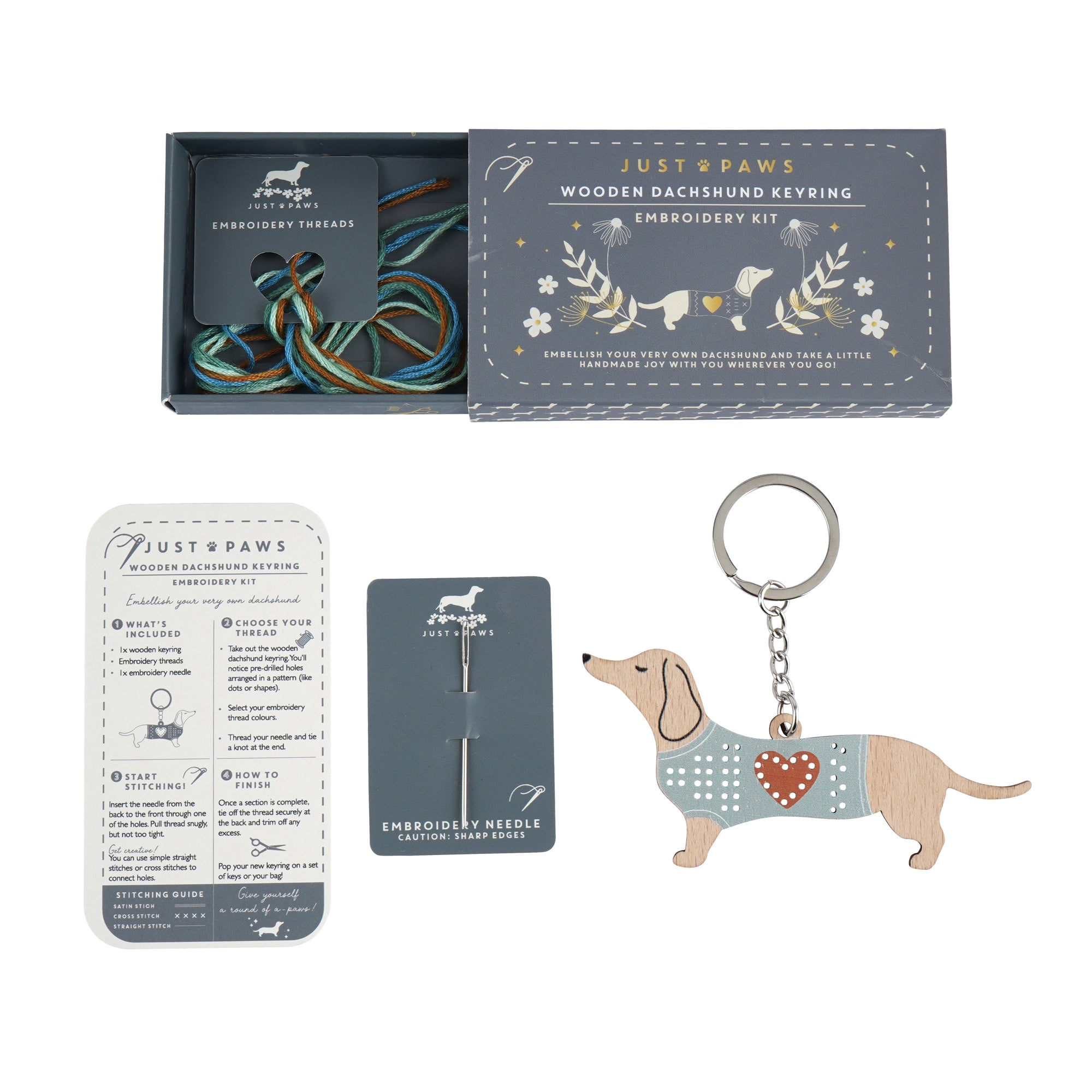 Wooden Dachshund Keyring Embroidery Kit