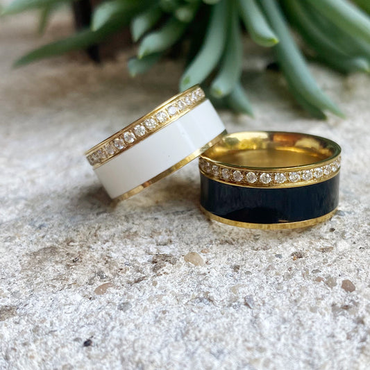 Pure Steel Ring 14K Gold Plated Black Enamel CZ by A&C Oslo