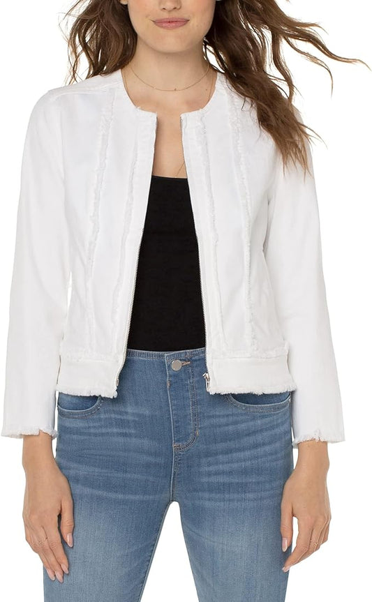 Liverpool Frayed Zip Jacket with 3/4 Length Sleeve - Bright White