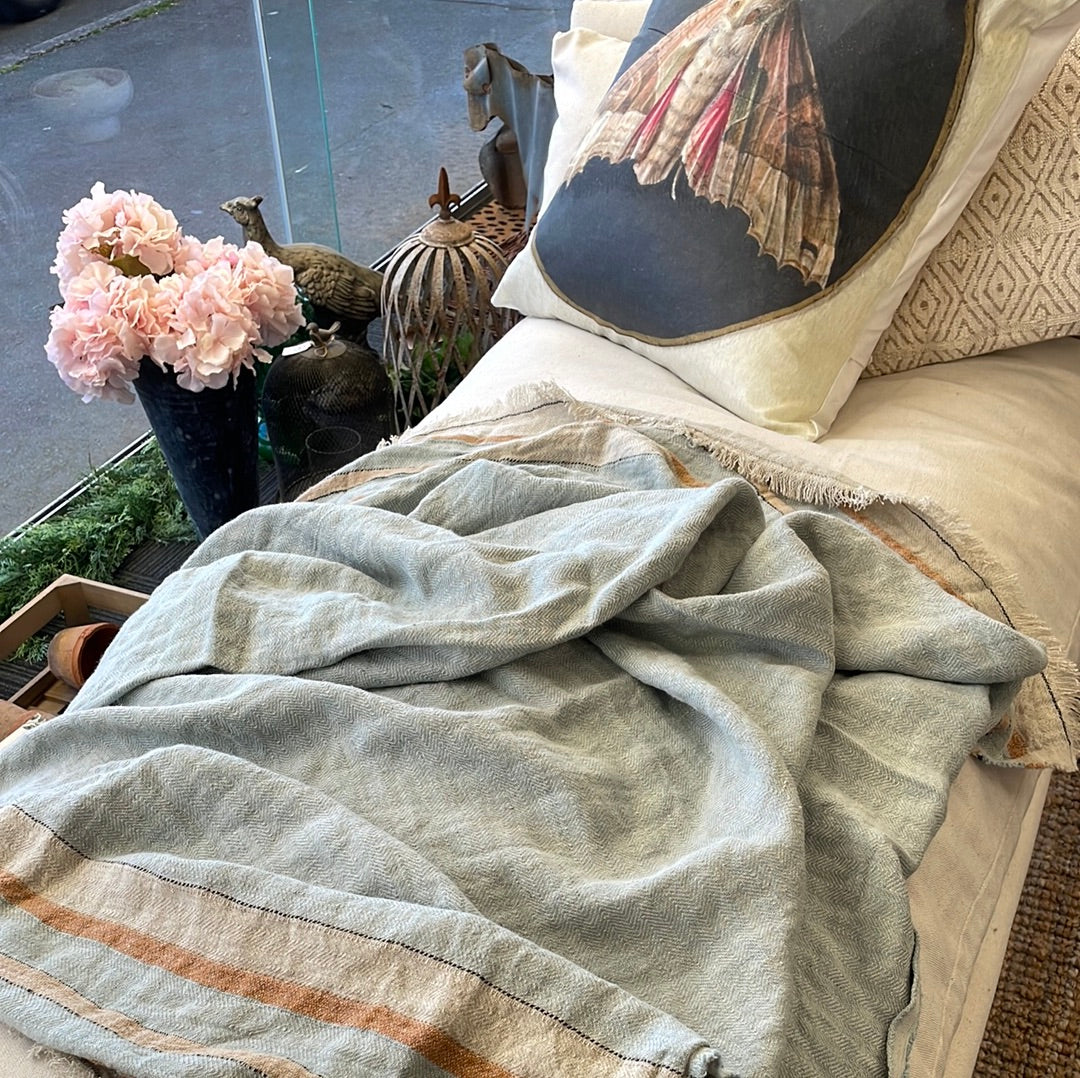 French Country -  Blue Herringbone Linen Striped Throw