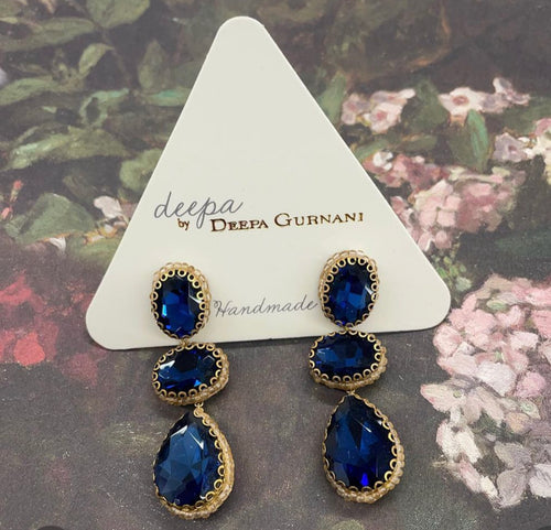 Deepa Gurnani Earrings - 3 Blue Crystal drops