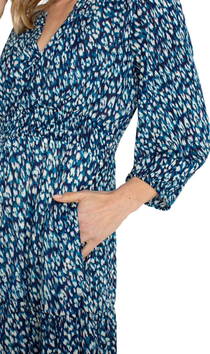 Liverpool Blue Topaz 3/4 Sleeve Tiered Woven Maxi Dress