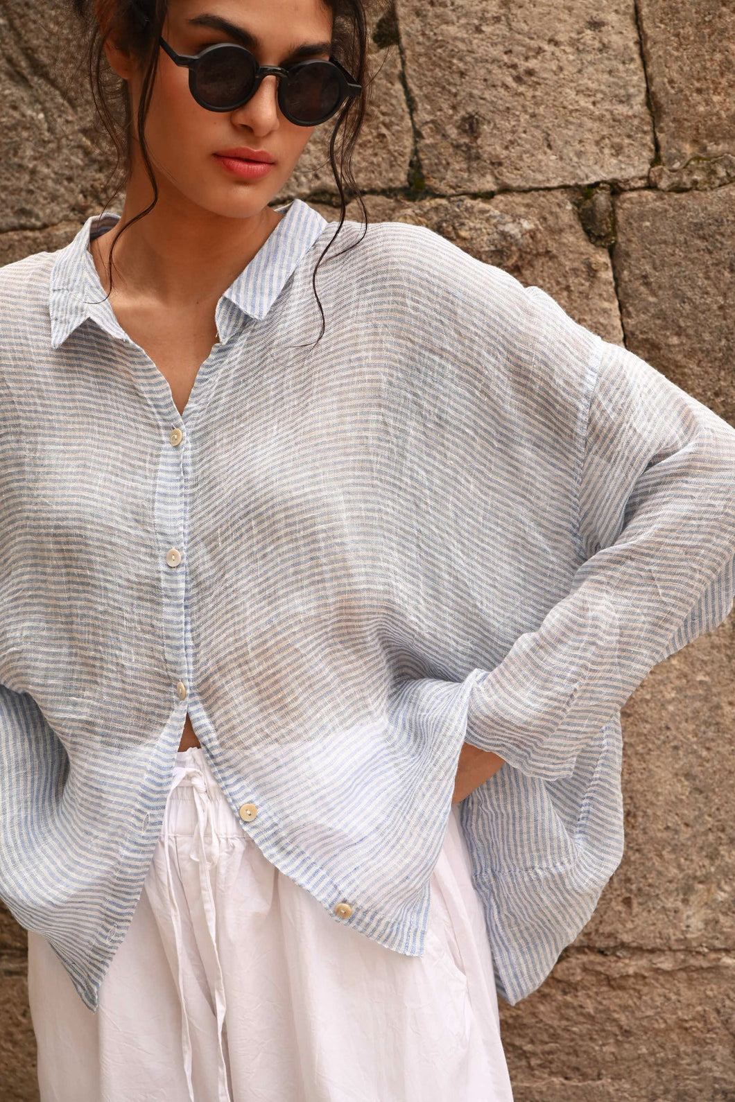 Blue Pin Stripe Ella Shirt Gauze Linen - Meg By Design