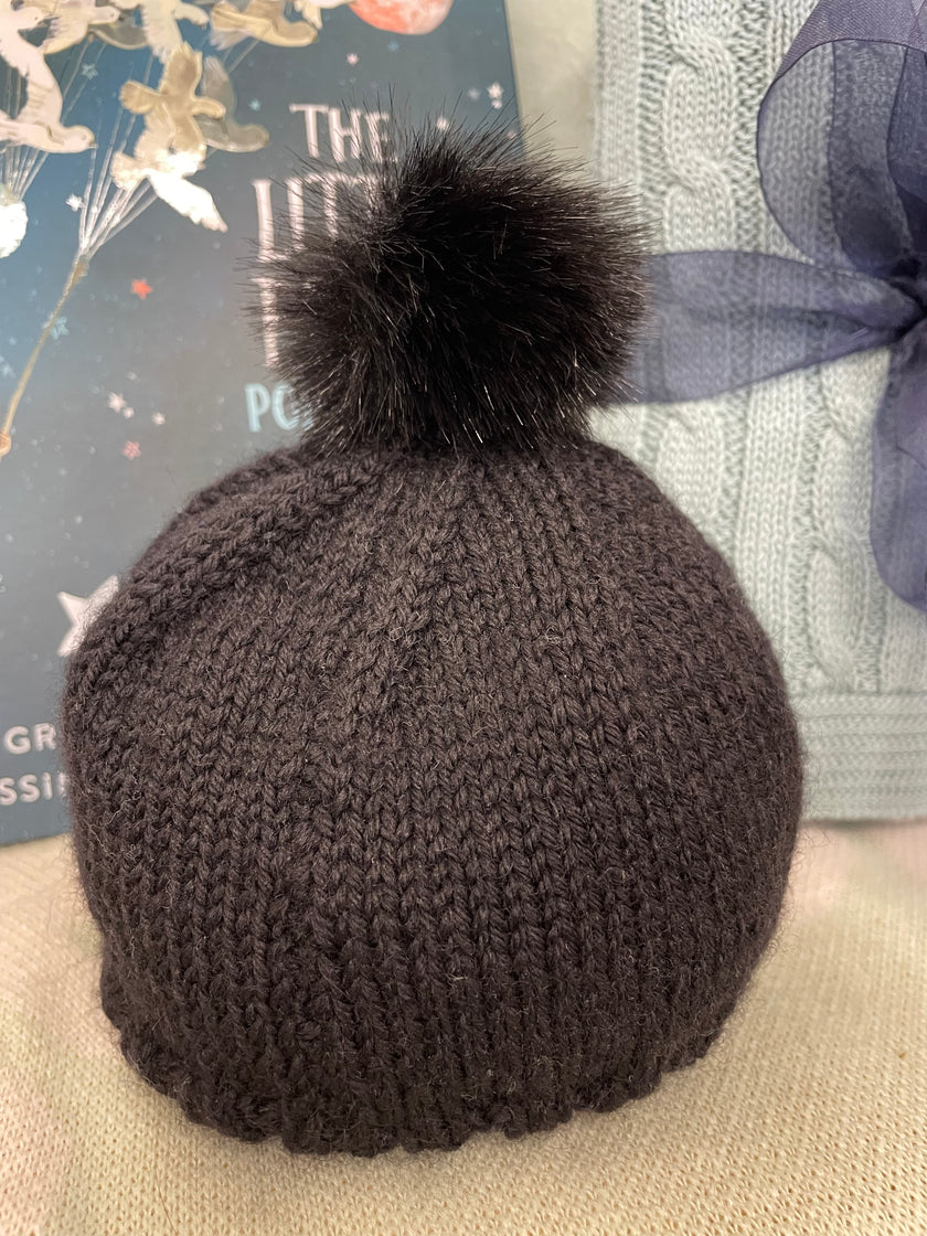 Black Woollen Baby Hat with Pompom