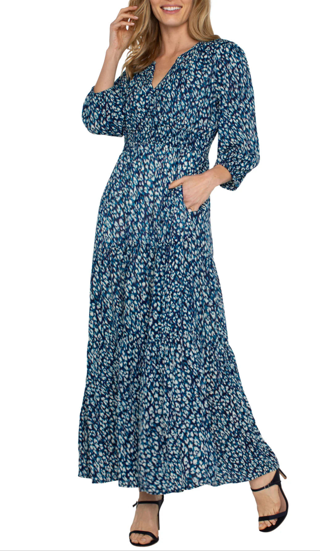 Liverpool Blue Topaz 3/4 Sleeve Tiered Woven Maxi Dress
