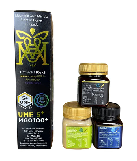 Mountain Gold UMF 5+ Manuka, Kamahi, and Tawari Honey Gift Pack