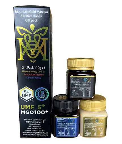 Mountain Gold UMF 5+ Manuka, Pohutukawa, and Kamahi Honey Gift Pack