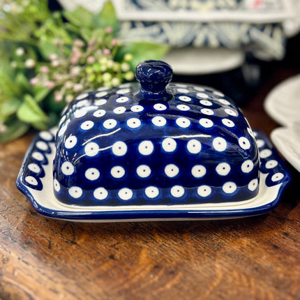 Polish Ceramics Rectangle Butter Dish - Blue with White Spot