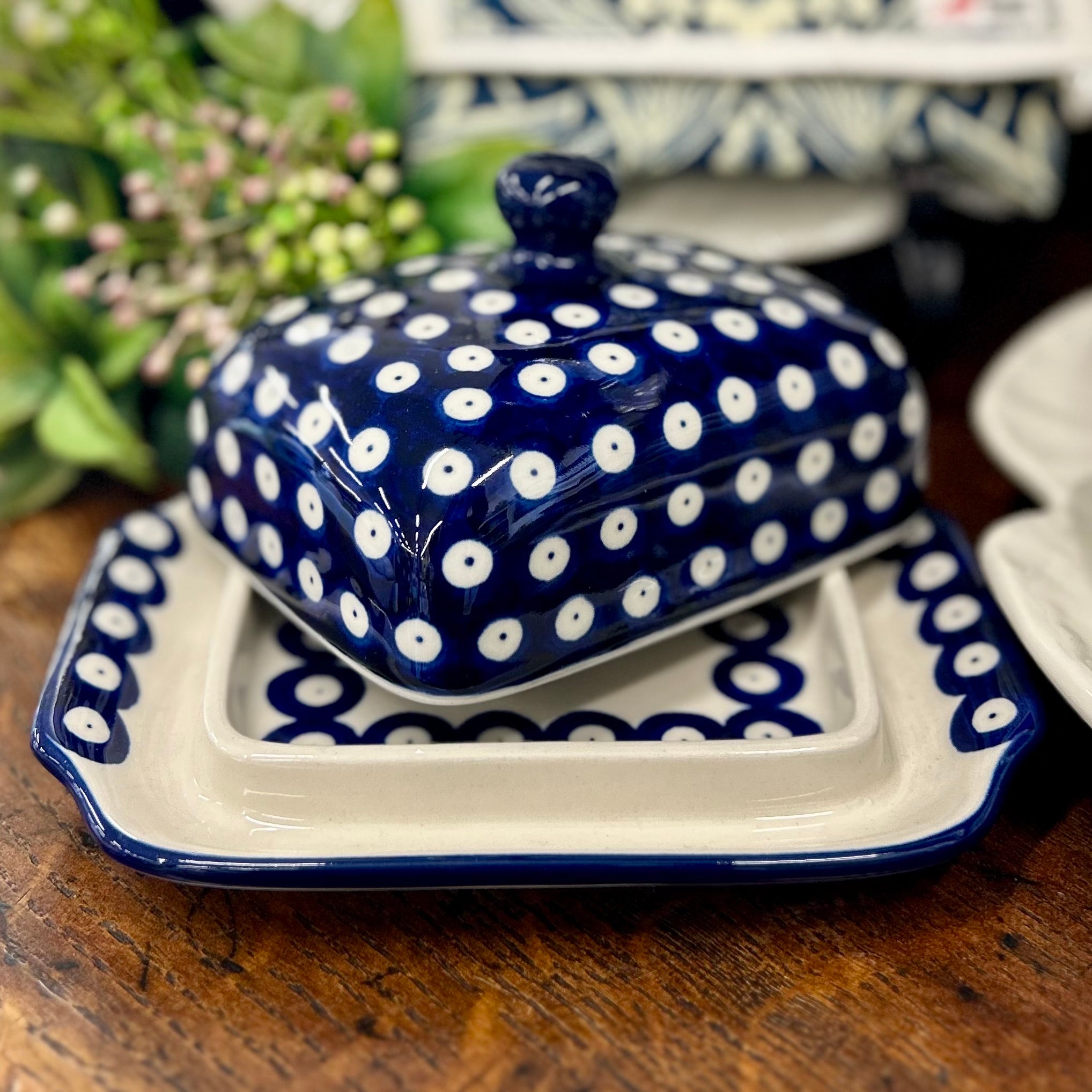 Polish Ceramics Rectangle Butter Dish - Blue with White Spot