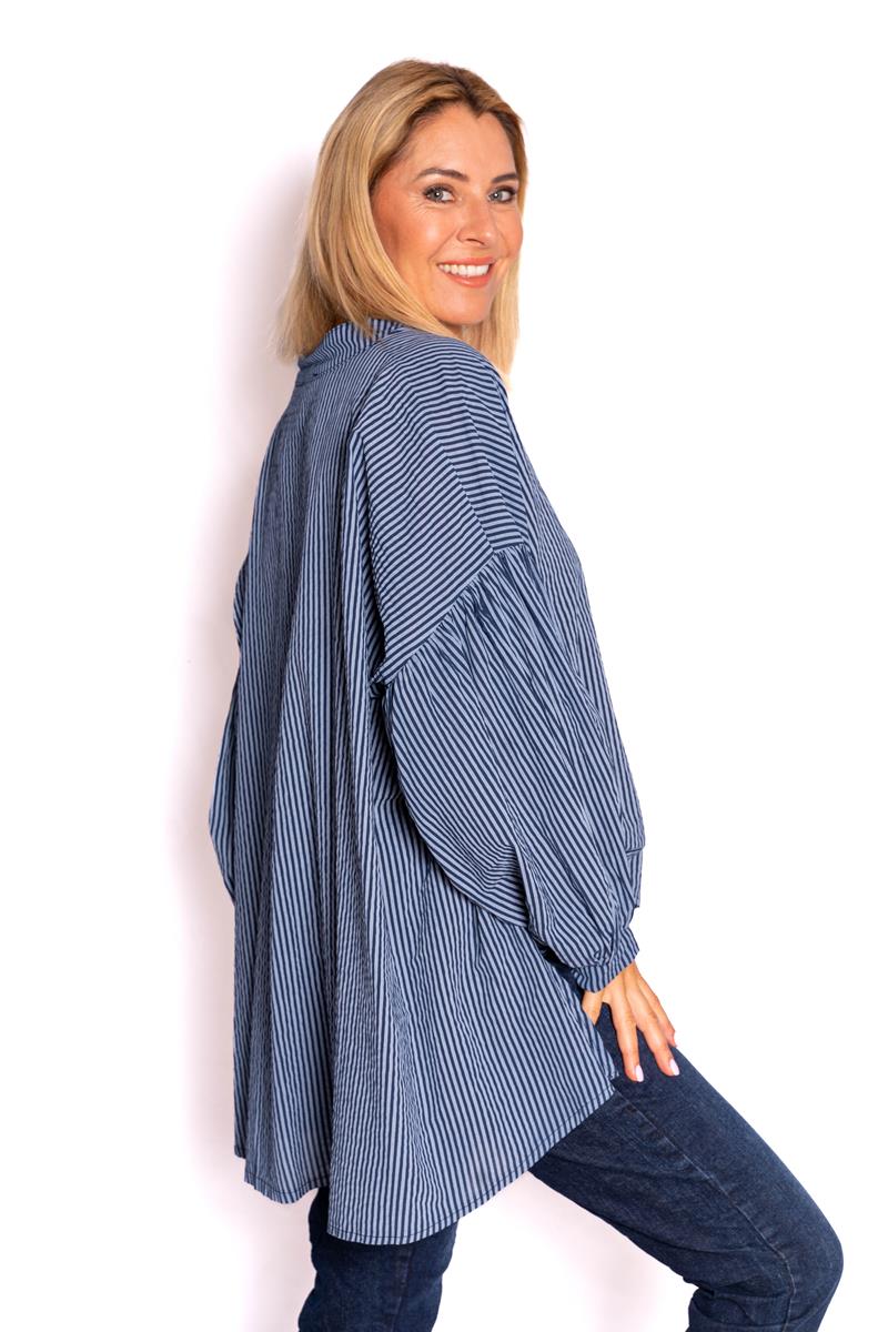 Berkley Navy Stripe Cotton Shirt with Balloon Sleeve