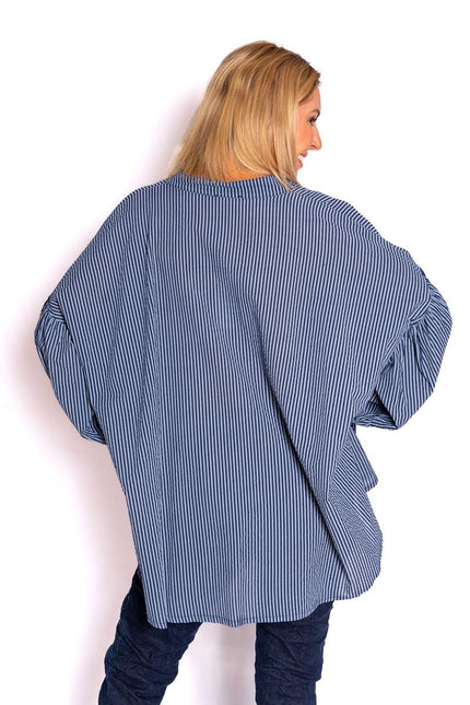 Berkley Navy Stripe Cotton Shirt with Balloon Sleeve