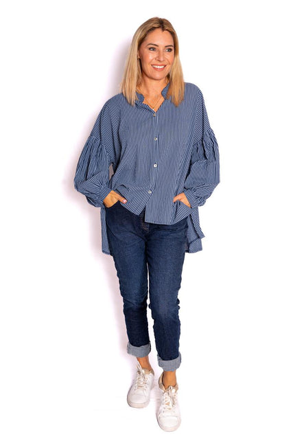 Berkley Navy Stripe Cotton Shirt with Balloon Sleeve