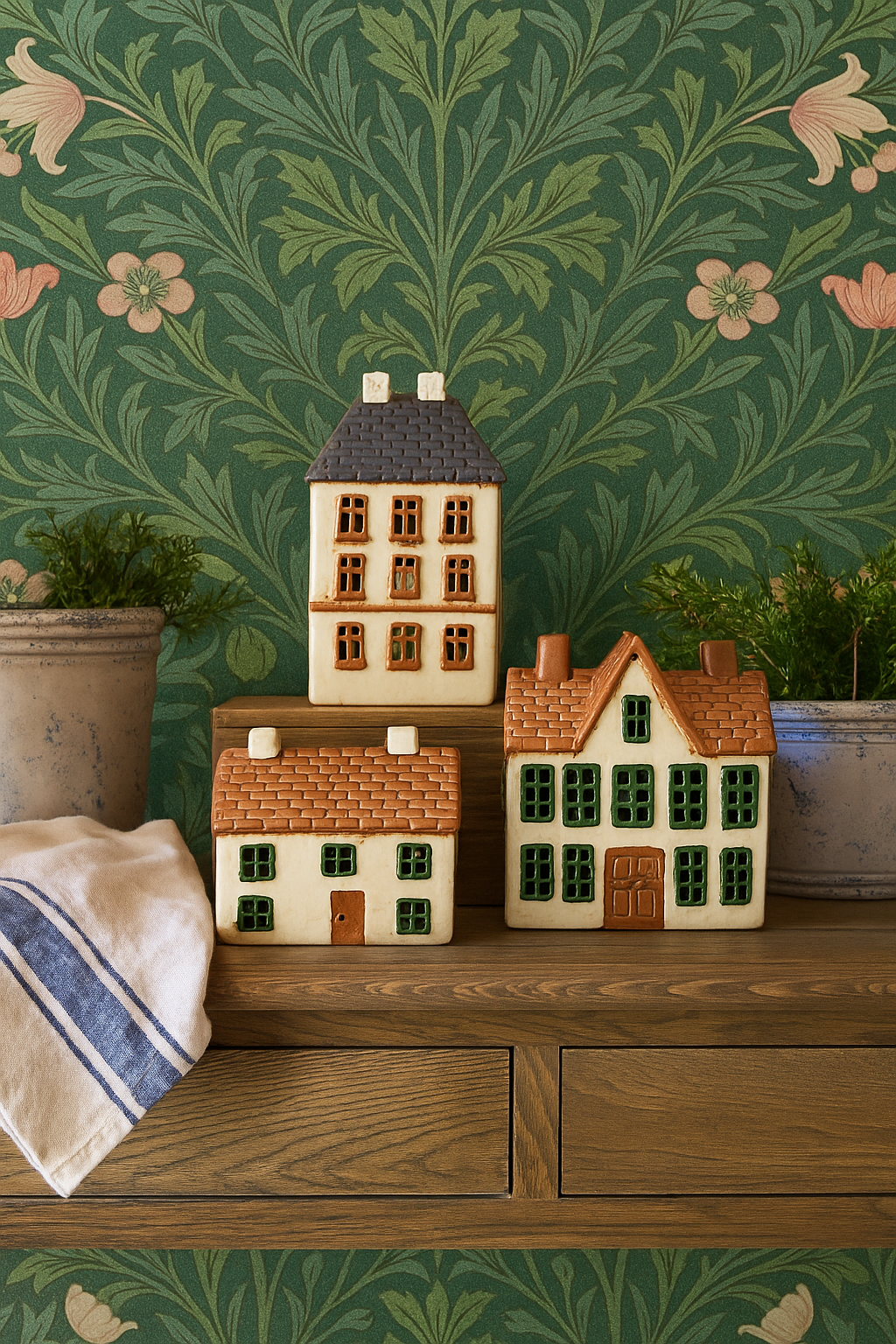 Decorative ceramic Tealight houses on a wooden surface with floral wallpaper in the background