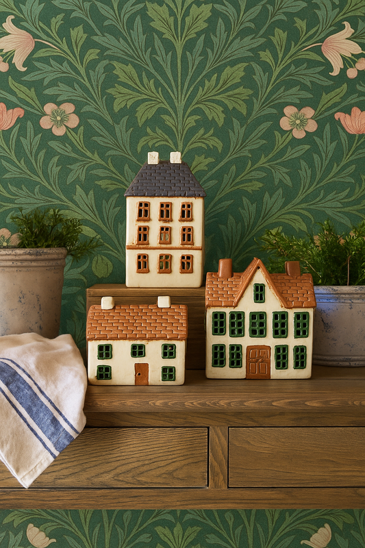 Decorative ceramic Tealight houses on a wooden surface with floral wallpaper in the background