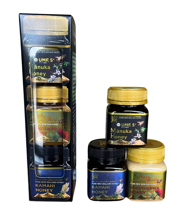 Mountain Gold UMF 5+ Manuka, Pohutukawa, and Kamahi Honey Gift Pack