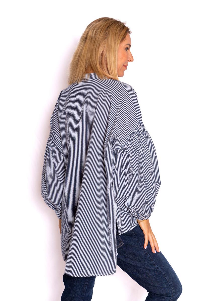 Berkeley Navy/White Stripe Cotton Shirt with Balloon Sleeve