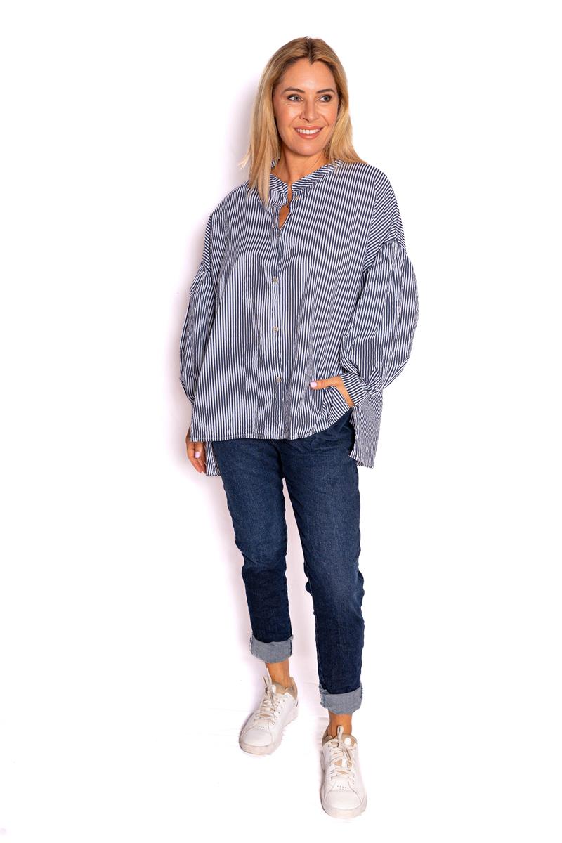 Berkeley Navy/White Stripe Cotton Shirt with Balloon Sleeve