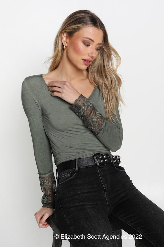 Indigo Long Sleeve Tee with French Lace Trim