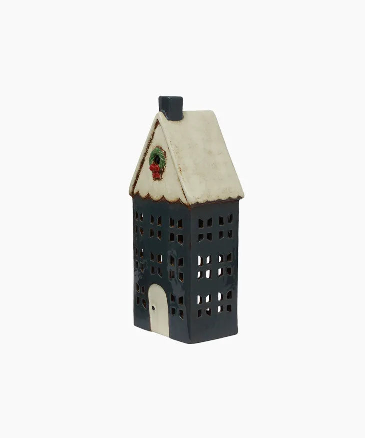 Christmas Tea Light House Blue with Wreath Large by French Country Collections