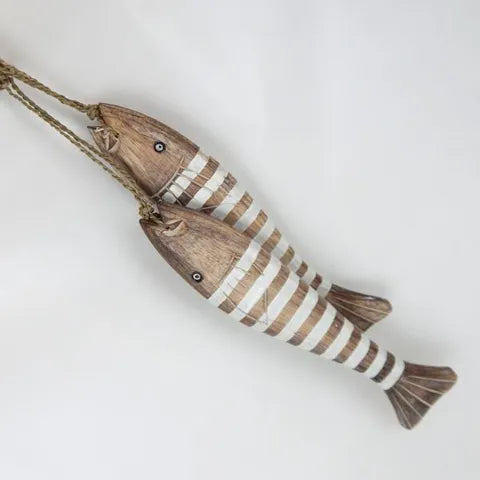 Wooden Striped Fish Set of 2 - Natural & White