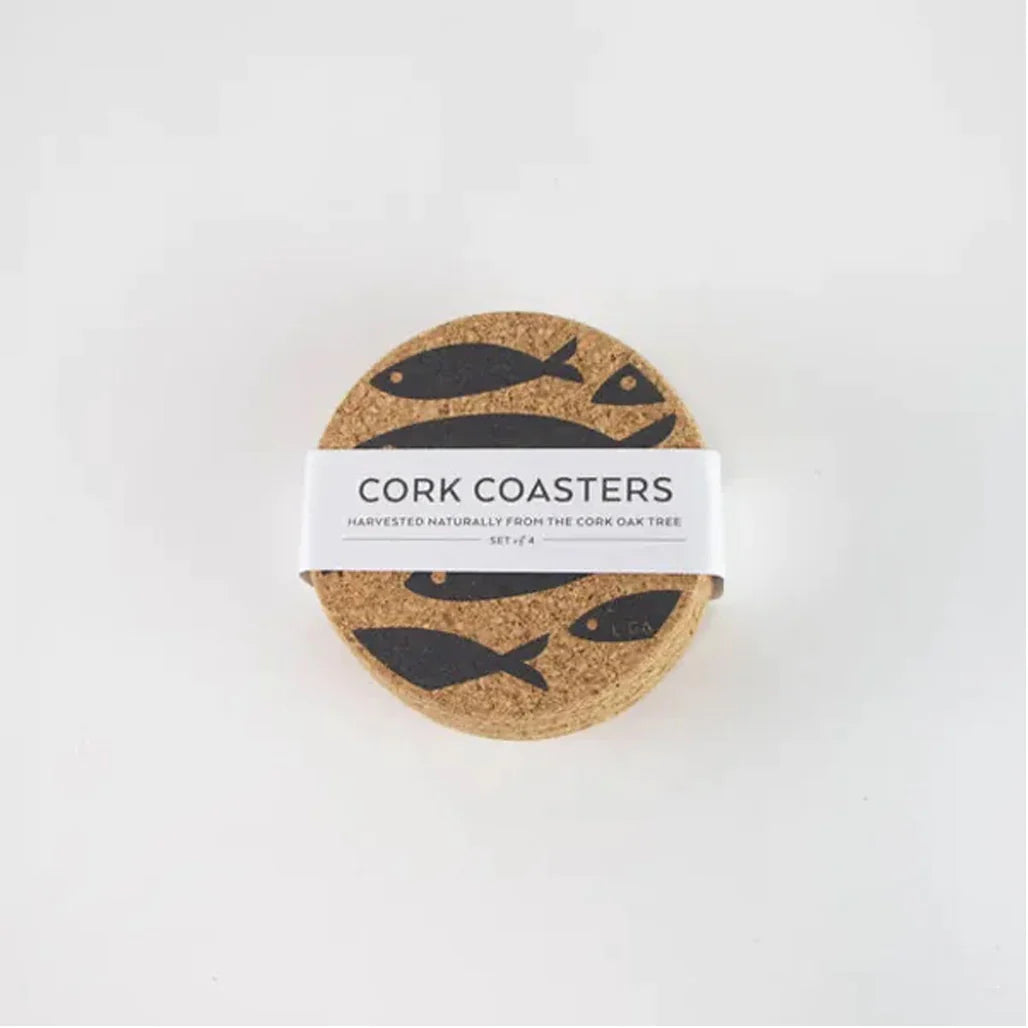 Liga Beach Grey Fish Round Cork Coasters - Set 4