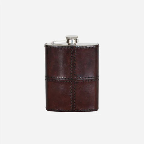 Leather Hip Flask in Dark Brown with Nickle Details