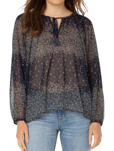 Liverpool Shirred Blouse with Neck Ties - Midnight