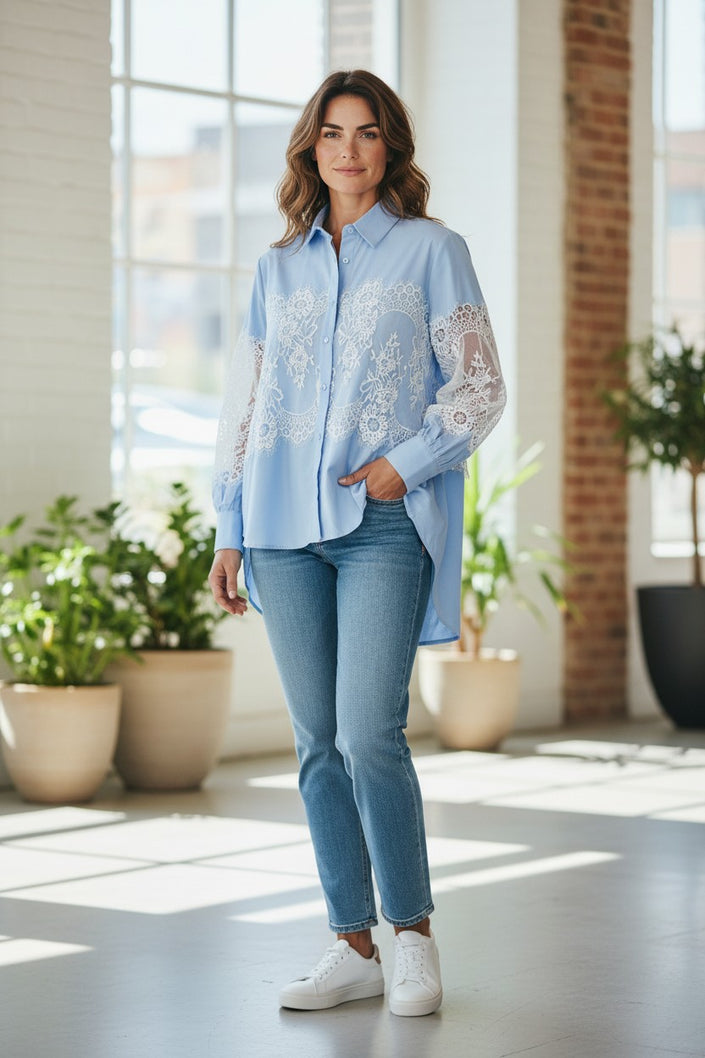 Mantilla Blue and White Cotton Shirt with Lace Panels