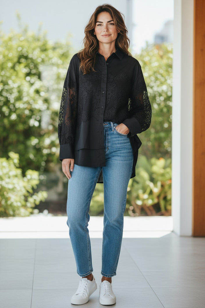 Mantilla Black Cotton Shirt with Lace Inserts