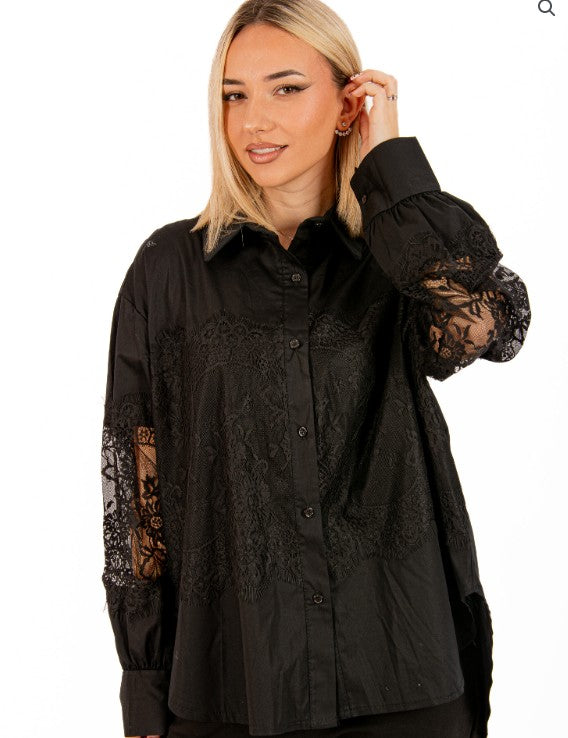 Mantilla Black Cotton Shirt with Lace Inserts