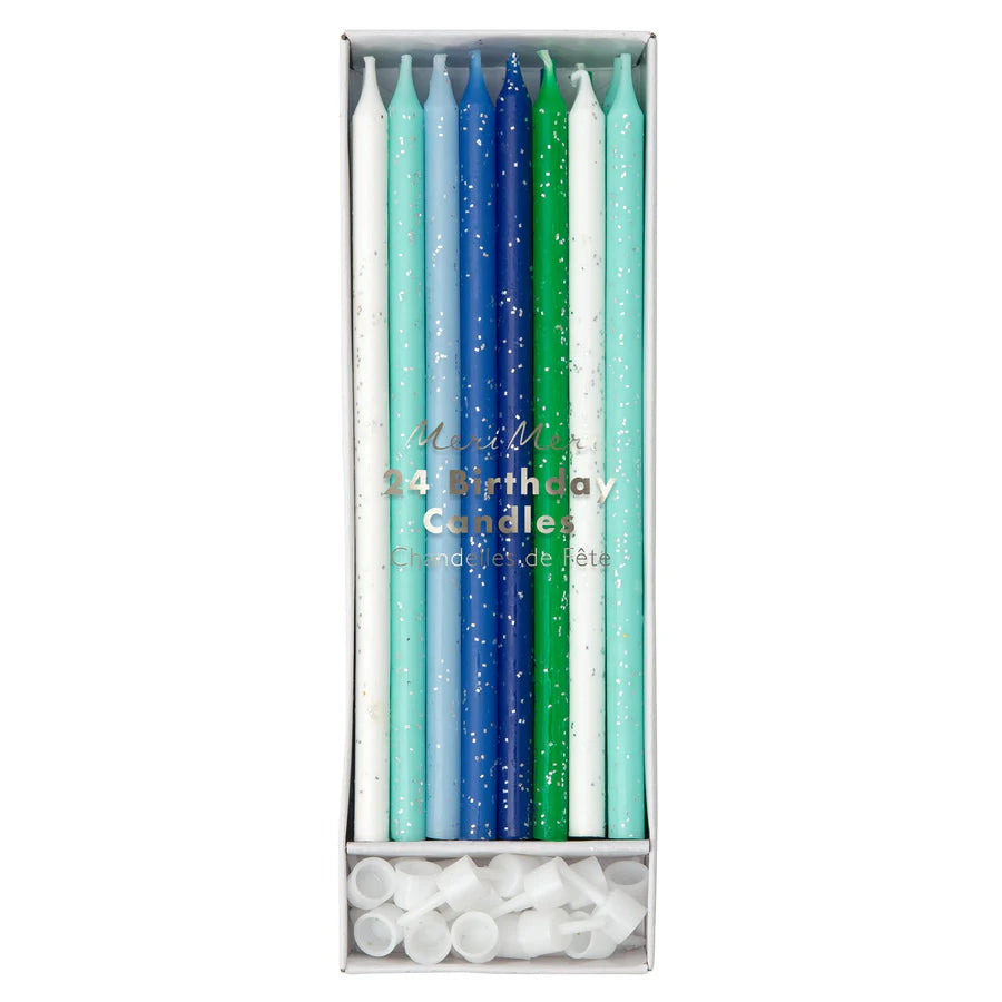Blue and Green Glitter Candles (Box of 24)