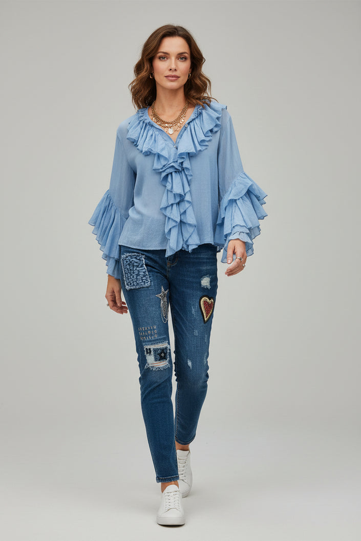 Moselle Pale Blue Frill Neckline Top