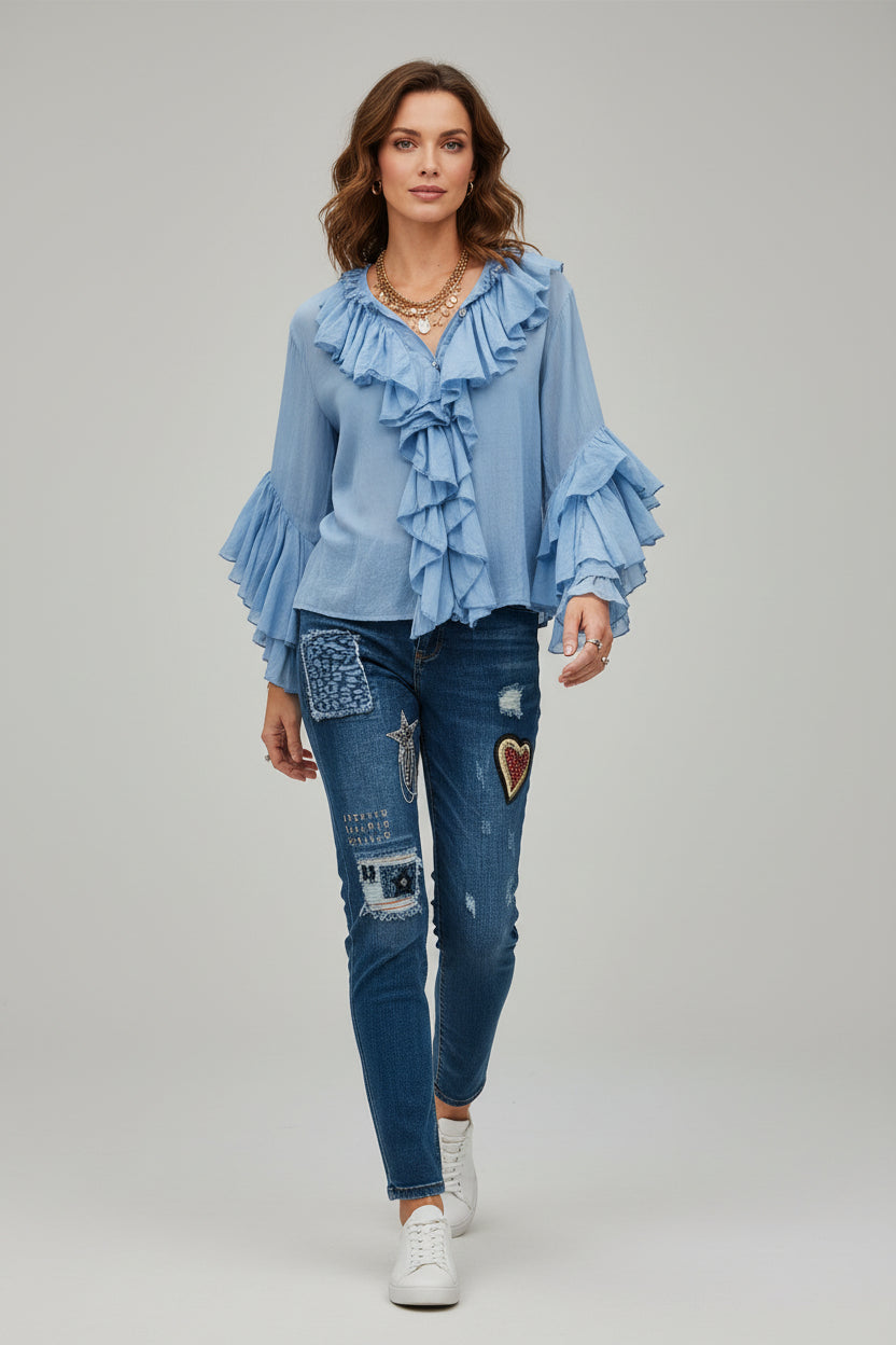Moselle Pale Blue Frill Neckline Top