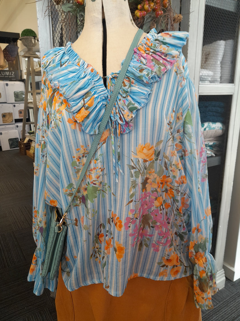 Blue Chablis Floral Frill Cotton Shirt