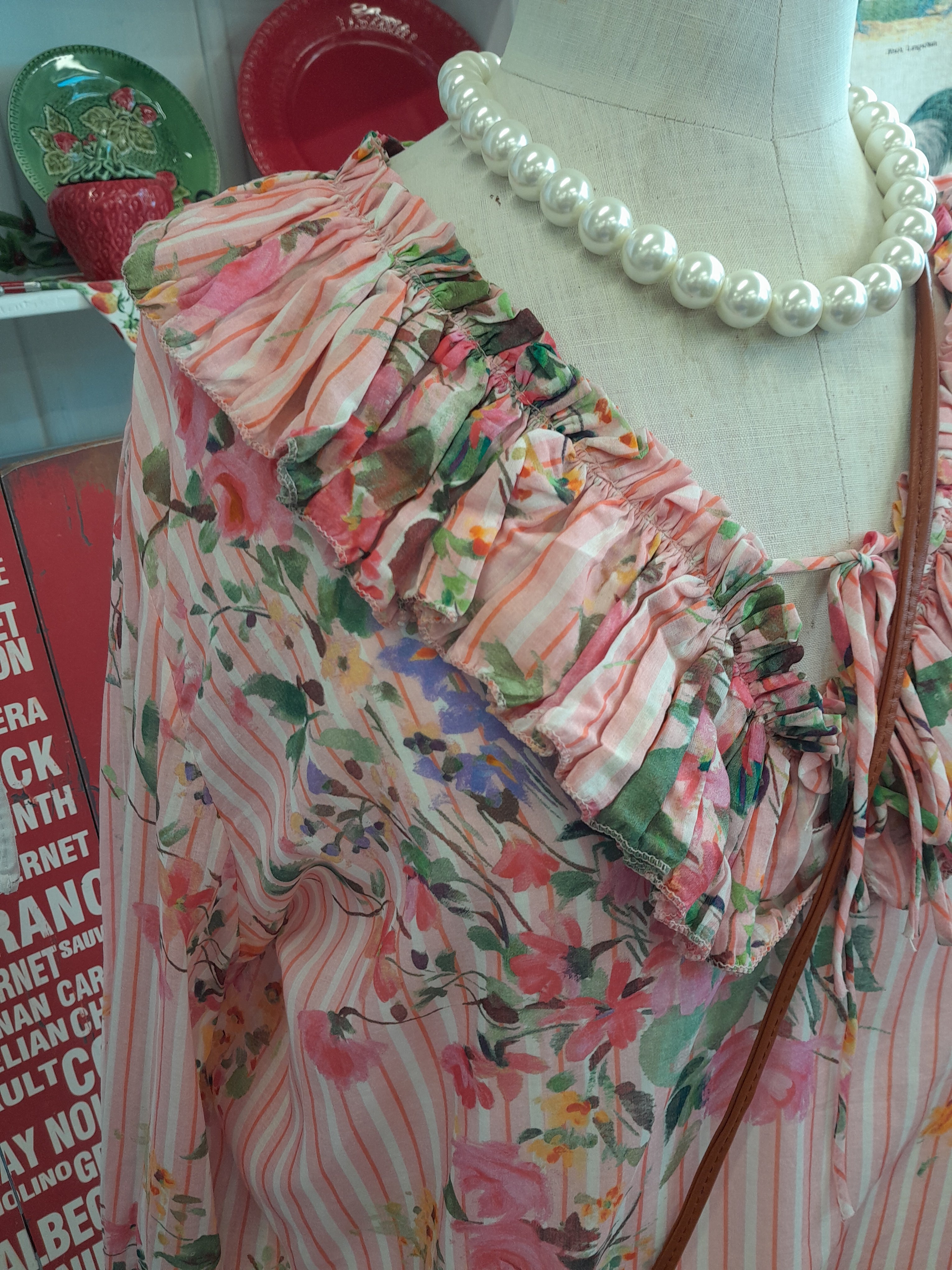 Chablis-Pink Floral Frill Cotton Shirt