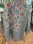 Embroidered Tassled Scarf-Grey