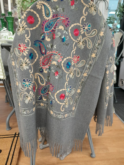 Embroidered Tassel Scarf-Grey