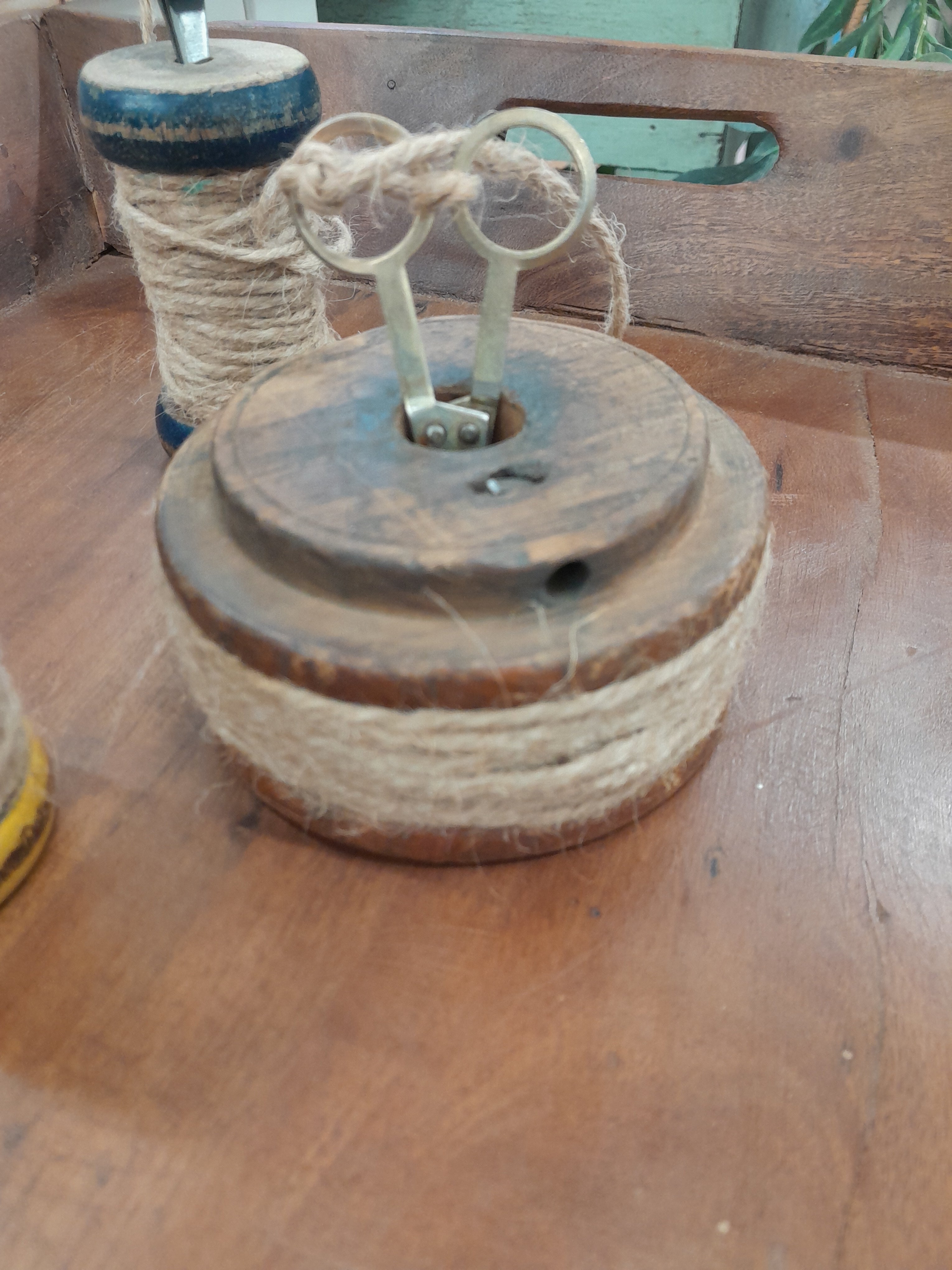 Large Vintage Bobbin with Scissors and String