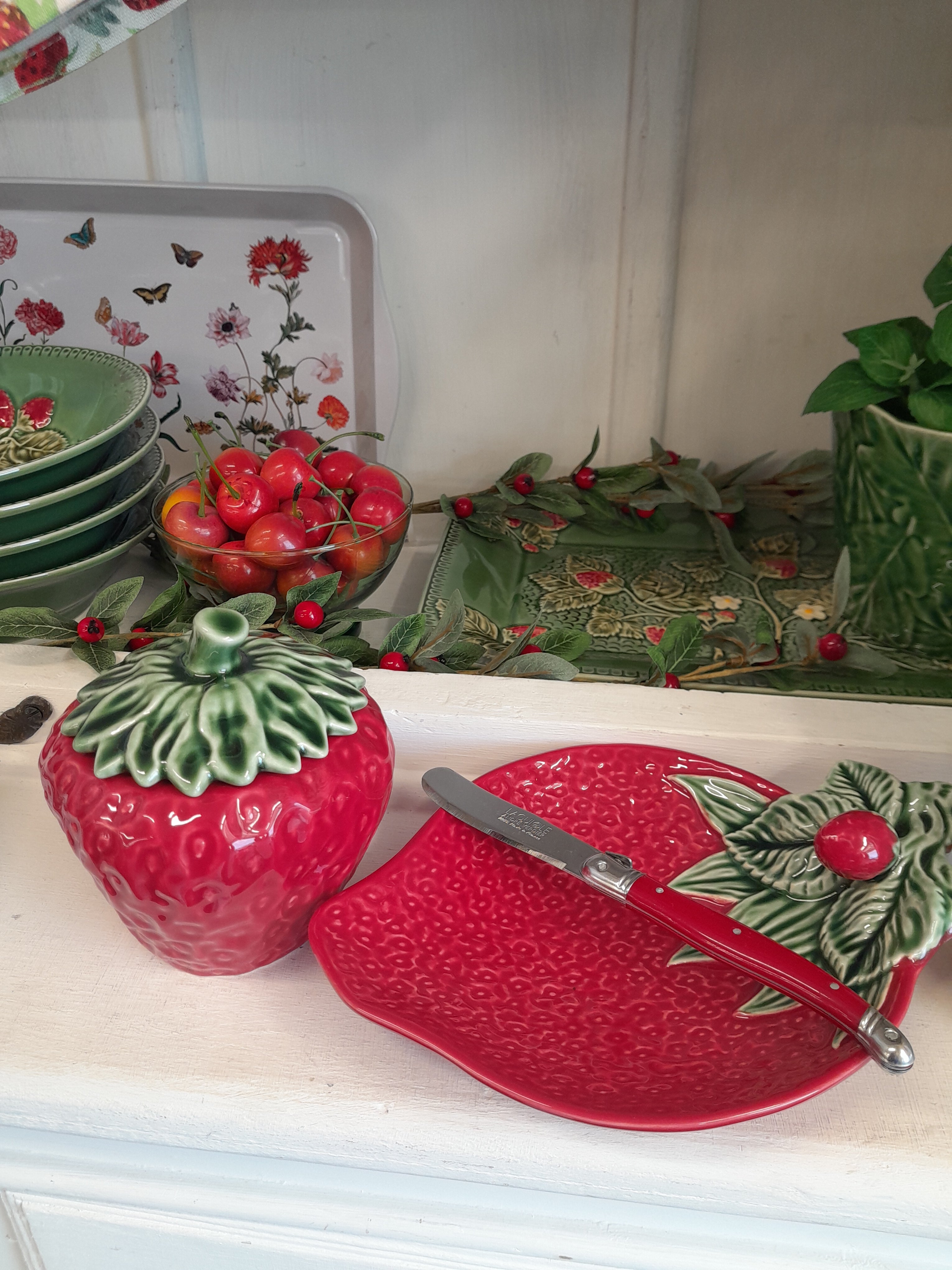 Bordallo Pinheiro Strawberry Olive Dish styled - Portuguese ceramic entertaining piece NZ