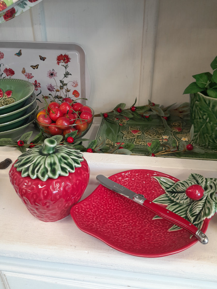 Bordallo Pinheiro Strawberry Olive Dish styled - Portuguese ceramic entertaining piece NZ