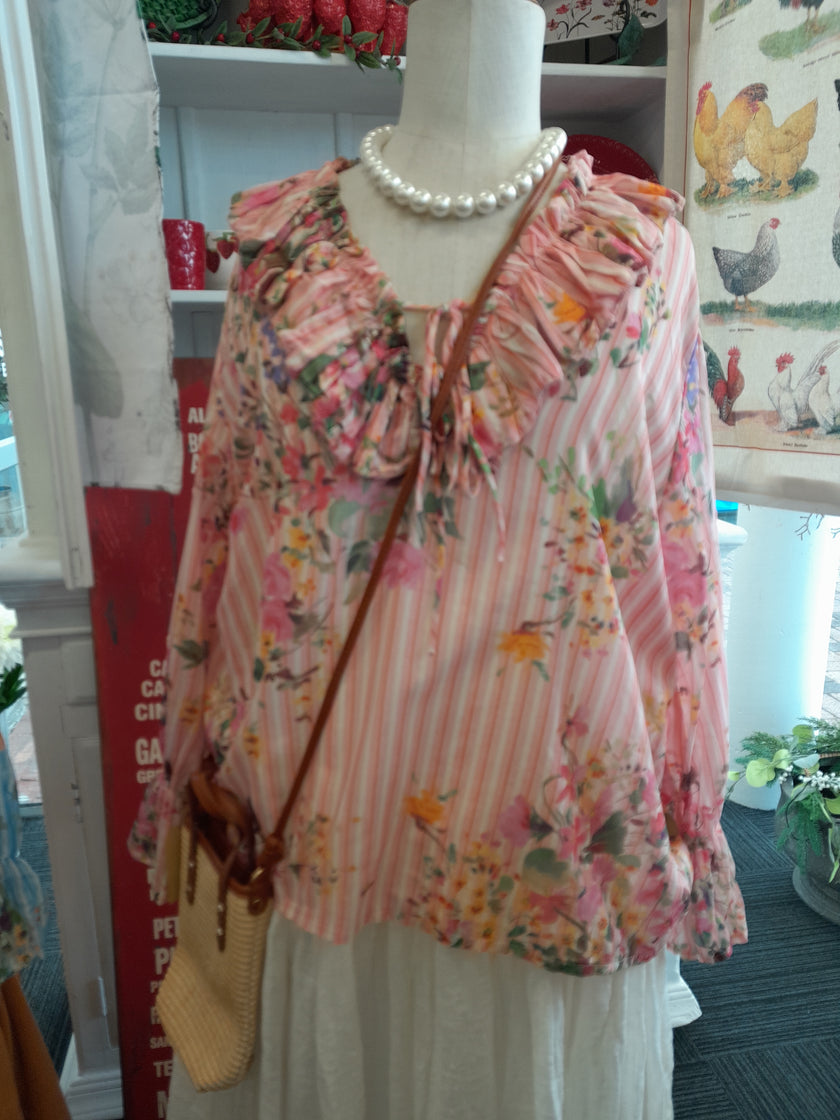 Chablis-Pink Floral Frill Cotton Shirt