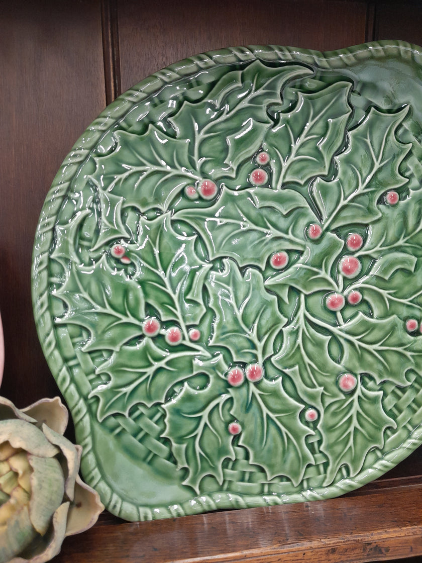 Bordallo Pinheiro Holly Tray - Christmas ceramic entertaining piece, NZ stockist Villarosa Maison