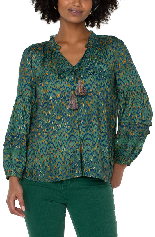 Liverpool Woven Popover Shirred Blouse - Emerald