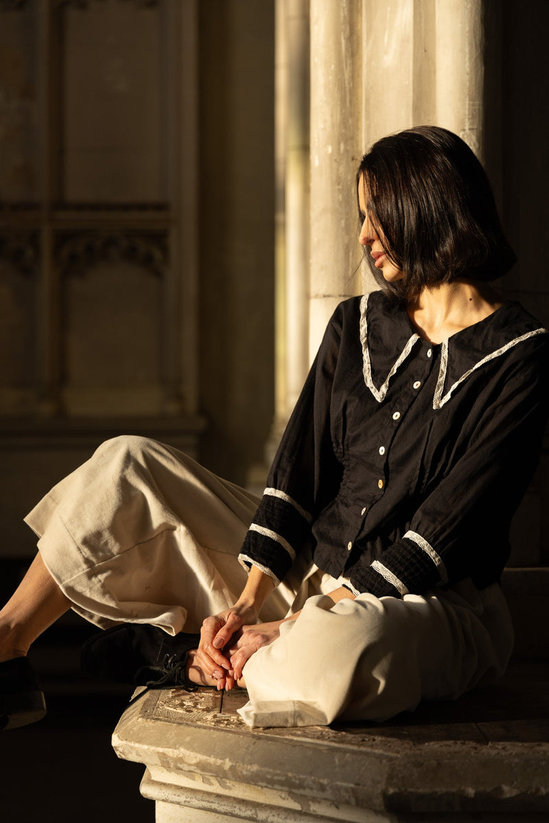 Meg by Design Black with Cream Trim Wednesday Shirt - Cotton & Lace Small