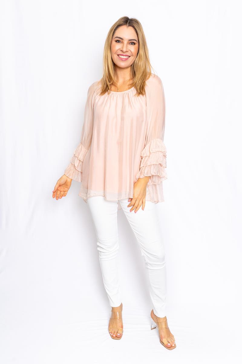 Italian Closet - Rovigo porcelain Ruffle Sleeve silk Tunic